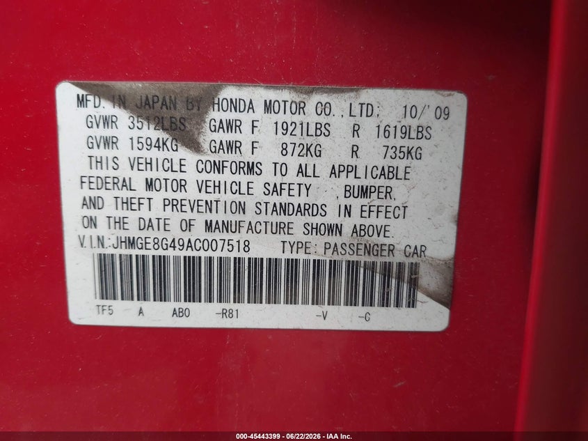 2010 Honda Fit VIN JHMGE8G49AC007518 IAAI salvage auction — LEFT SIDE, Salvage (Idaho), sold $850 on 2026-07-15 (photo 9)