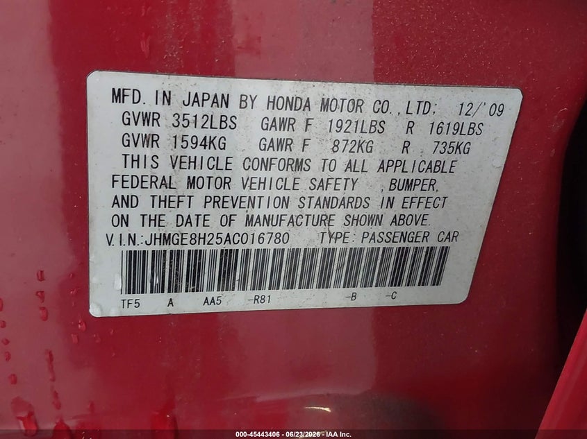 2010 Honda Fit VIN JHMGE8H25AC016780 IAAI salvage auction — REAR END, Salvage - Greater Than 75% (Maryland), sold $1,450 on 2026-07-13 (photo 9)