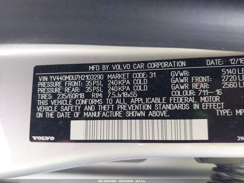 2017 Volvo Xc60 VIN YV440MDU7H2103290 IAAI salvage auction — NORMAL WEAR, Original (Texas), sold $3,300 on 2026-07-08 (photo 9)
