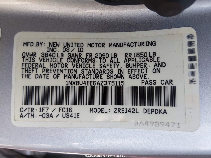 2010 Toyota Corolla VIN 1NXBU4EE6AZ375115 IAAI salvage auction — FRONT END, Rebuildable (Florida), sold $1,350 on 2026-07-22 (photo 9)