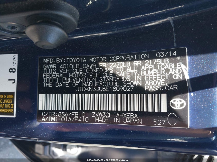 2014 Toyota Prius VIN JTDKN3DU6E1809027 IAAI salvage auction — FRONT END, Salvage Certificate (California), sold $3,450 on 2026-07-10 (photo 9)