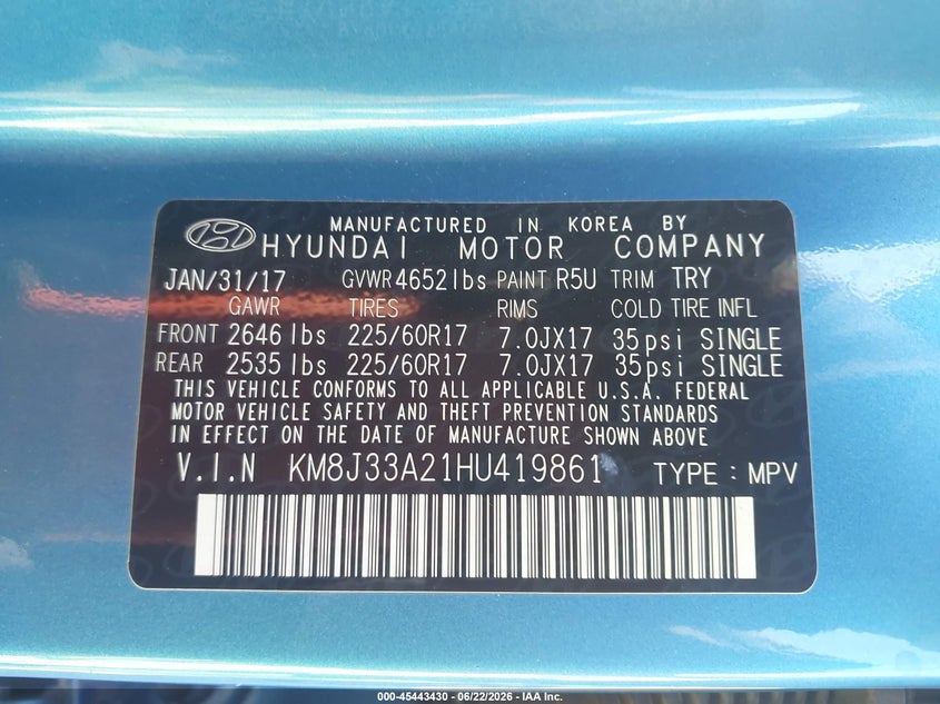 2017 Hyundai Tucson VIN KM8J33A21HU419861 IAAI salvage auction — NORMAL WEAR, Clear - Dealer Only (California), sold $3,100 on 2026-07-13 (photo 9)