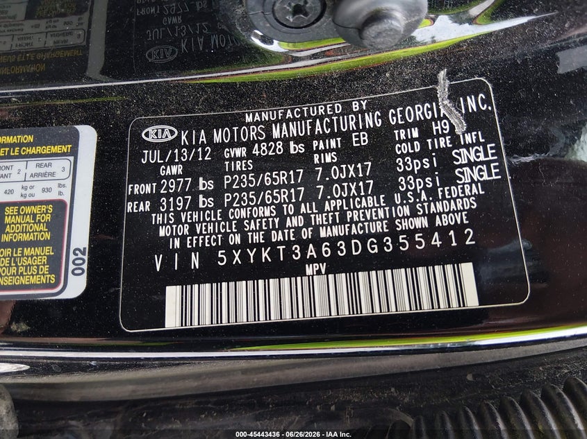 2013 Kia Sorento VIN 5XYKT3A63DG355412 IAAI salvage auction — ENGINE DAMAGE, Salvage Title, sold $600 on 2026-07-14 (photo 9)