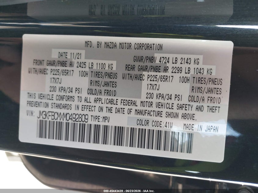 2021 Mazda Cx-5 VIN JM3KFBCMXM0492809 IAAI salvage auction — REAR END, Salvage (Indiana), sold $7,200 on 2026-07-31 (photo 9)