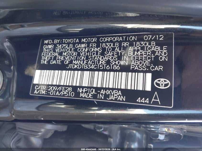 2012 Toyota Prius c VIN JTDKDTB34C1516186 IAAI salvage auction — FRONT END, Salvage (California), sold $1,050 on 2026-07-23 (photo 9)
