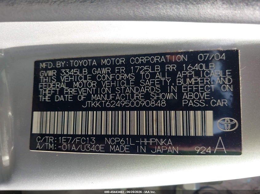 2005 Scion Xa VIN JTKKT624950090848 IAAI salvage auction — FRONT END, Salvage (Pennsylvania), sold $700 on 2026-07-28 (photo 9)