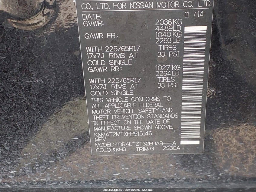 2015 Nissan Rogue VIN KNMAT2MTXFP515146 IAAI salvage auction — NORMAL WEAR, Clear (Louisiana), sold $1,000 on 2026-07-21 (photo 9)