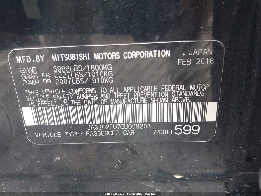 2016 Mitsubishi Lancer VIN JA32U2FU7GU009203 IAAI salvage auction — LEFT FRONT, Mv-907A (New York), sold $875 on 2026-07-09 (photo 9)