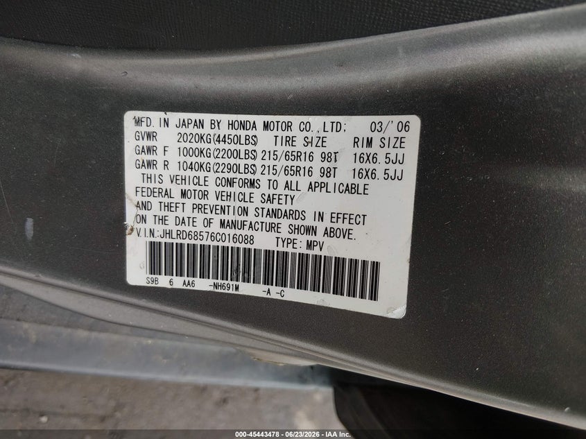 2006 Honda Cr-v VIN JHLRD68576C016088 IAAI salvage auction — NORMAL WEAR, Clear (Connecticut), sold $725 on 2026-07-09 (photo 9)