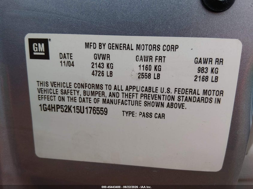 2005 Buick Lesabre VIN 1G4HP52K15U176559 IAAI salvage auction — FRONT END, Salvage (Missouri), sold $100 on 2026-07-21 (photo 9)