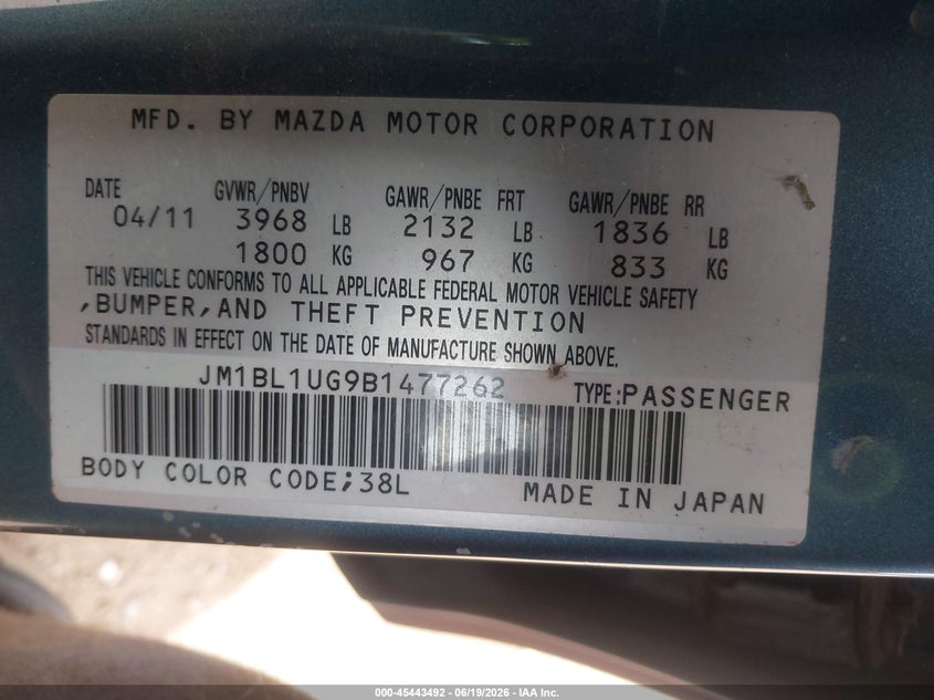 2011 Mazda 3 VIN JM1BL1UG9B1477262 IAAI salvage auction — NORMAL WEAR, Clear (New Jersey), sold $950 on 2026-07-29 (photo 9)