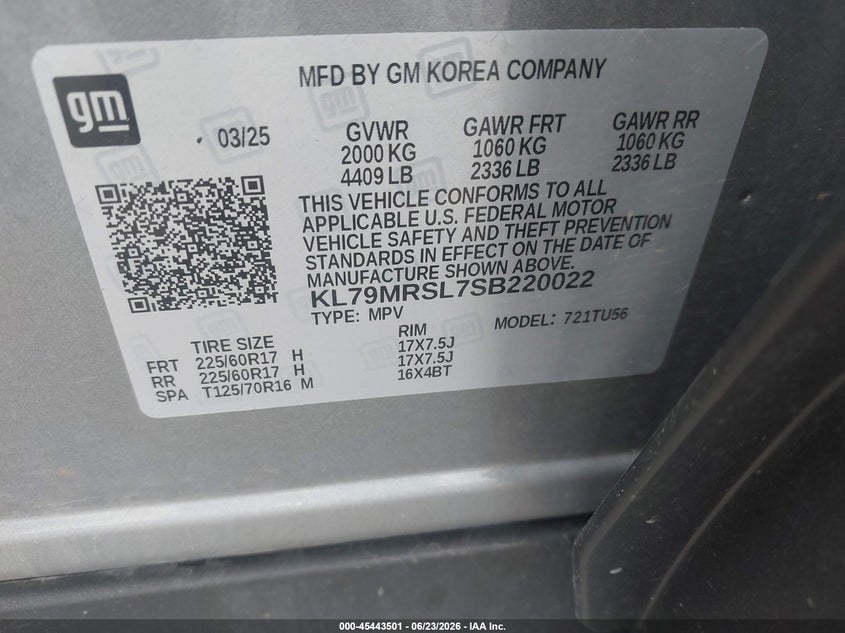 2025 Chevrolet Trailblazer VIN KL79MRSL7SB220022 IAAI salvage auction — FRONT END, Rebuildable (Florida), sold $4,450 on 2026-07-28 (photo 9)