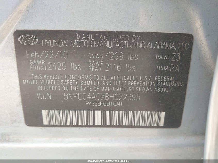 2011 Hyundai Sonata VIN 5NPEC4ACXBH022395 IAAI salvage auction — FRONT END, Salvage (Idaho), sold $425 on 2026-07-23 (photo 9)