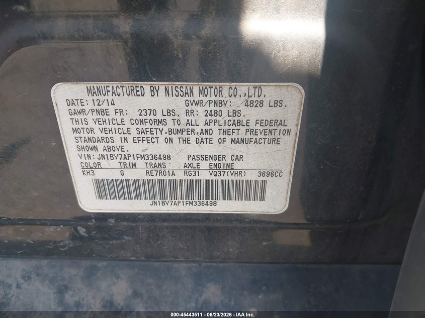 2015 Infiniti Q50 VIN JN1BV7AP1FM336498 IAAI salvage auction — REAR END, Rebuildable (Florida), sold $700 on 2026-07-28 (photo 9)