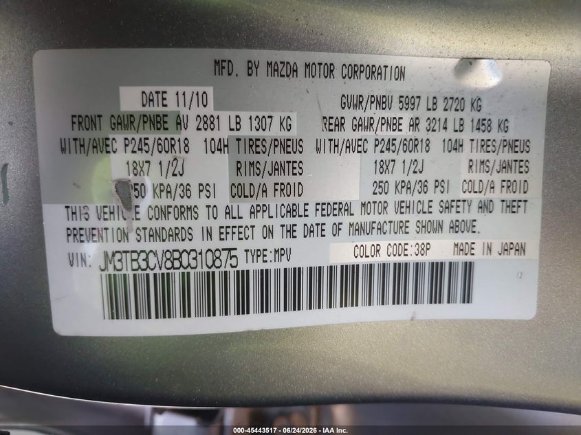 2011 Mazda Cx-9 VIN JM3TB3CV8B0310875 IAAI salvage auction — NORMAL WEAR, Clear (New Jersey), sold $1,225 on 2026-07-15 (photo 9)
