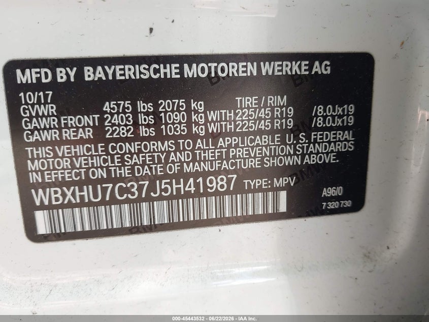 2018 BMW X1 VIN WBXHU7C37J5H41987 IAAI salvage auction — ROOF, Salvage Title, sold $25 on 2026-07-22 (photo 9)
