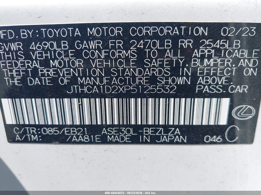 2023 Lexus Is VIN JTHCA1D2XP5125532 IAAI salvage auction — THEFT, Salvage Title, sold $18,100 on 2026-07-29 (photo 9)