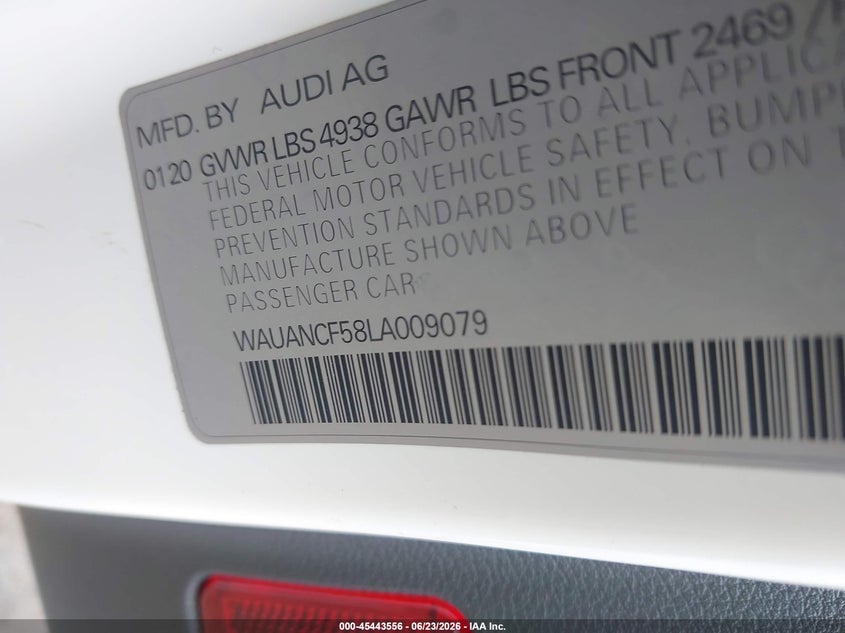 2020 Audi A5 VIN WAUANCF58LA009079 IAAI salvage auction — REAR END, Salvage Title, sold $9,375 on 2026-08-13 (photo 9)