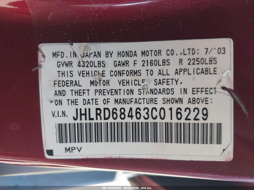 2003 Honda Cr-v VIN JHLRD68463C016229 IAAI salvage auction — REAR END, Salvage (California), sold $925 on 2026-07-22 (photo 9)
