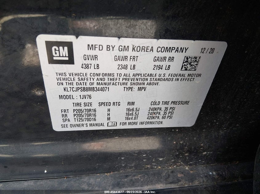 2021 Chevrolet Trax VIN KL7CJPSB8MB344071 IAAI salvage auction — NORMAL WEAR, Peddle Clear Public-Restricted (Oregon), sold $950 on 2026-07-29 (photo 9)