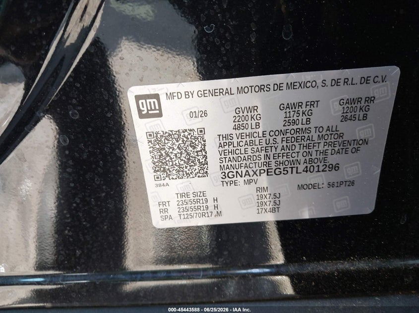 2026 Chevrolet Equinox VIN 3GNAXPEG5TL401296 IAAI salvage auction — FRONT END, Mv-907A (New York), sold $7,200 on 2026-08-25 (photo 9)
