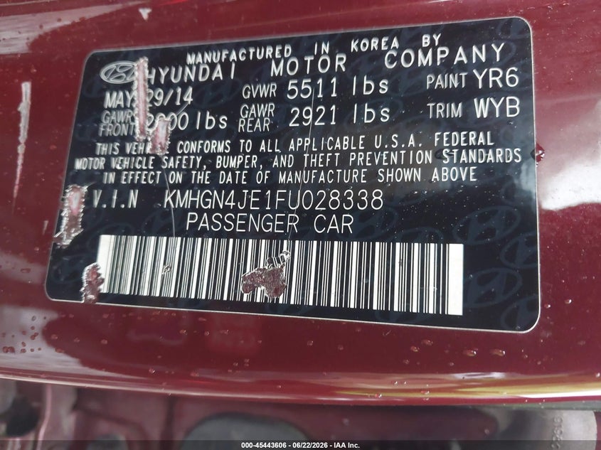 2015 Hyundai Genesis VIN KMHGN4JE1FU028338 IAAI salvage auction — FRONT END, Salvage Title, sold $2,300 on 2026-07-19 (photo 9)