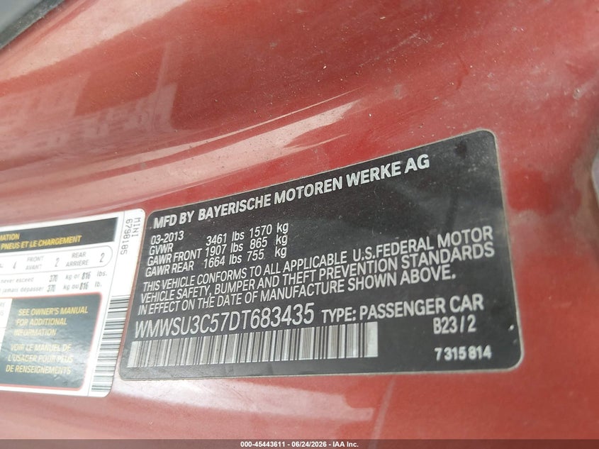 2013 Mini Hard top VIN WMWSU3C57DT683435 IAAI salvage auction — NORMAL WEAR, Clear (Louisiana), sold $300 on 2026-07-27 (photo 9)