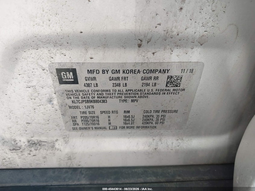 2019 Chevrolet Trax VIN KL7CJPSB9KB804383 IAAI salvage auction — FRONT END, Salvage (Ohio), sold $400 on 2026-07-14 (photo 9)