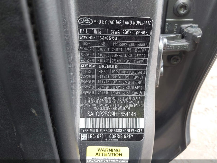 2017 Land rover Discovery sport VIN SALCP2BG9HH654144 IAAI salvage auction — SIDE, Salvage Title, sold $900 on 2026-07-22 (photo 9)