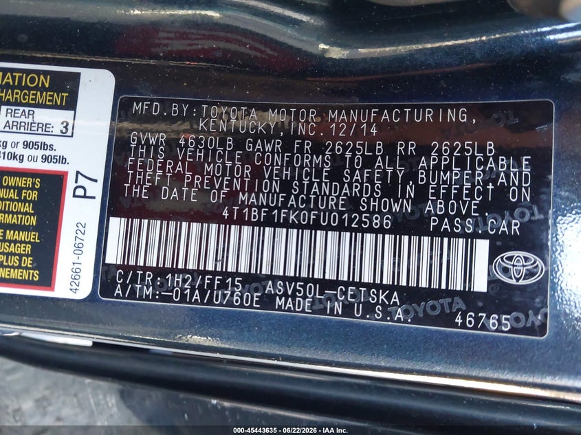 2015 Toyota Camry VIN 4T1BF1FK0FU012586 IAAI salvage auction — THEFT, Salvage (California), sold $875 on 2026-07-05 (photo 9)