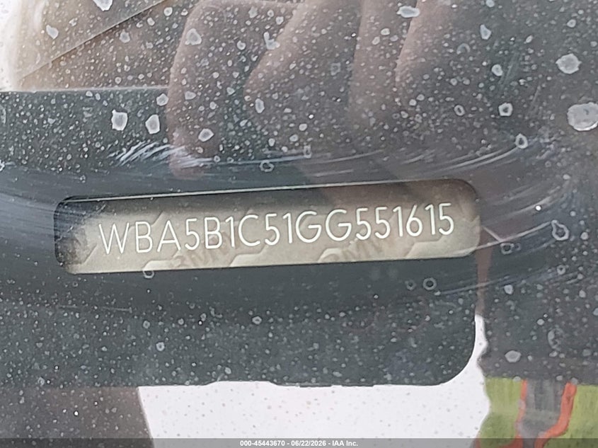 2016 BMW VIN WBA5B1C51GG551615 IAAI salvage auction — FRONT END, Salvage Title, sold $1,300 on 2026-07-28 (photo 9)