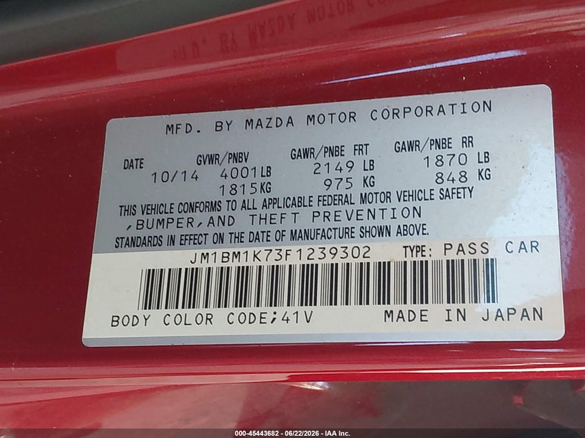 2015 Mazda 3 VIN JM1BM1K73F1239302 IAAI salvage auction — FRONT END, Salvage Title, sold $2,550 on 2026-07-22 (photo 9)