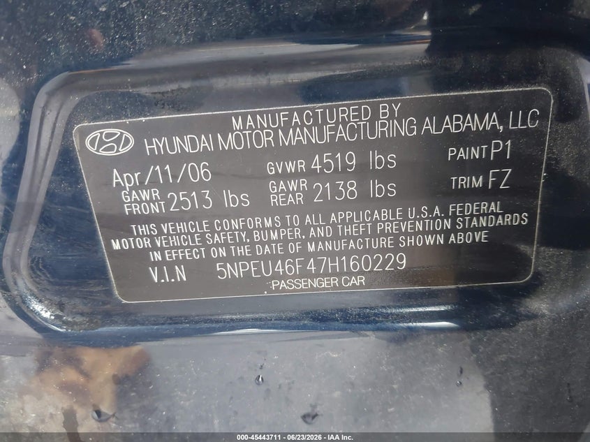 2007 Hyundai Sonata VIN 5NPEU46F47H160229 IAAI salvage auction — FRONT END, Salvage (North Carolina), sold $450 on 2026-07-09 (photo 9)