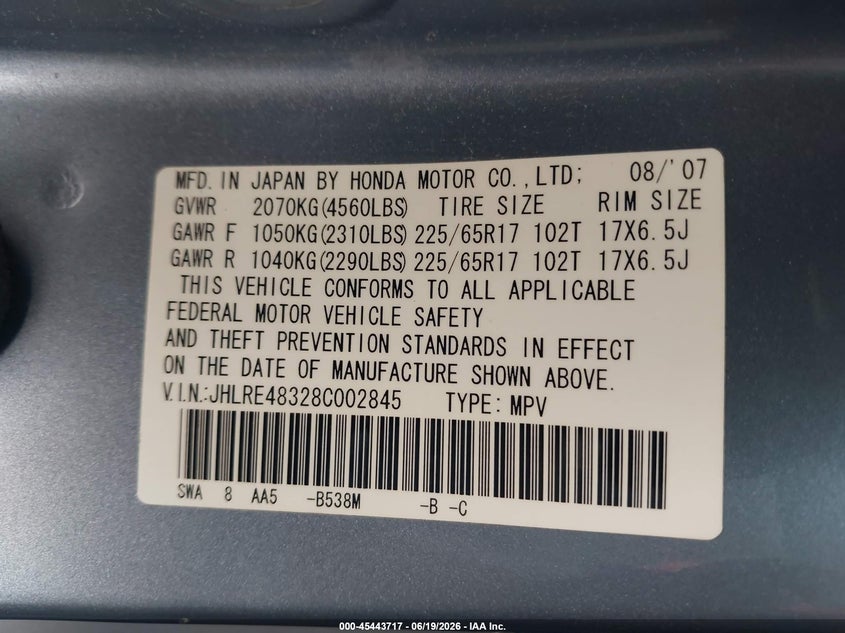 2008 Honda Cr-v VIN JHLRE48328C002845 IAAI salvage auction — NORMAL WEAR, Clear (Illinois), sold $450 on 2026-07-19 (photo 9)