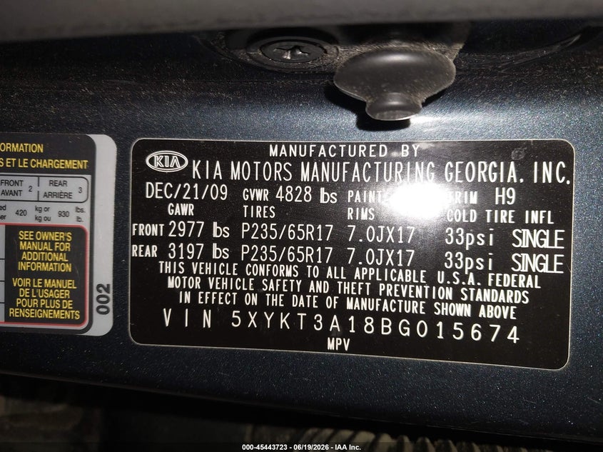 2011 Kia Sorento VIN 5XYKT3A18BG015674 IAAI salvage auction — NORMAL WEAR, Clear (North Carolina), sold $525 on 2026-07-23 (photo 9)