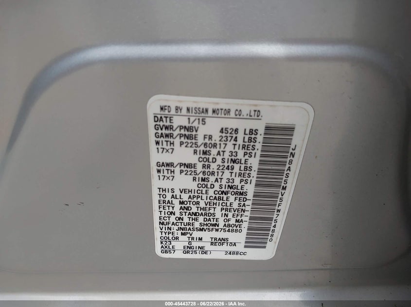 2015 Nissan Rogue VIN JN8AS5MV5FW754880 IAAI salvage auction — REAR END, Salvage Title, sold $300 on 2026-07-24 (photo 9)