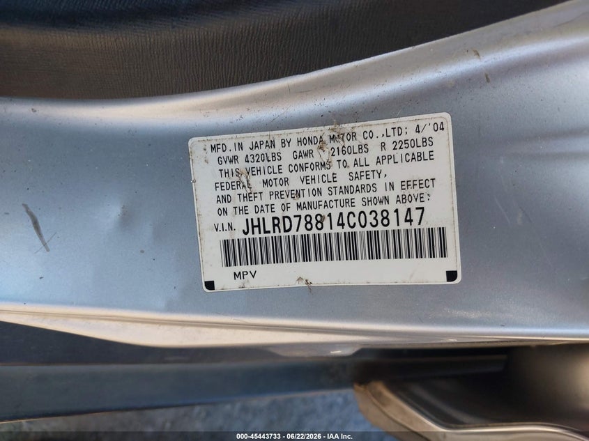 2004 Honda Cr-v VIN JHLRD78814C038147 IAAI salvage auction — NORMAL WEAR, Rebuilt-Non-Public (Washington), sold $625 on 2026-07-15 (photo 9)