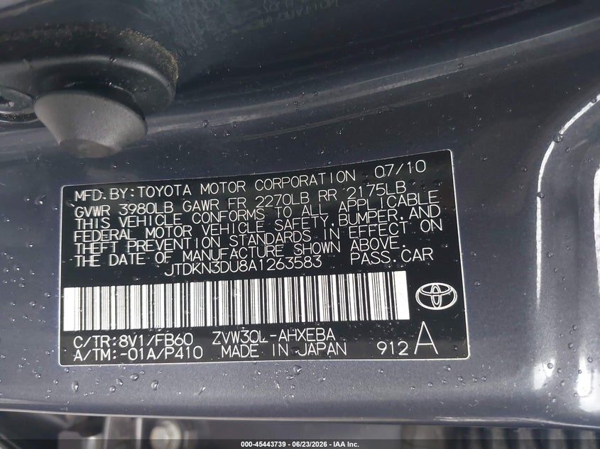2010 Toyota Prius VIN JTDKN3DU8A1263583 IAAI salvage auction — SIDE, Clear (Virginia), sold $125 on 2026-07-21 (photo 9)