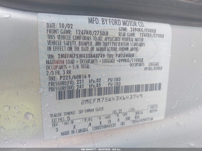2003 Mercury Grand marquis VIN 2MEFM75W43X643749 IAAI salvage auction — NORMAL WEAR, Original (Texas), sold $100 on 2026-07-21 (photo 9)
