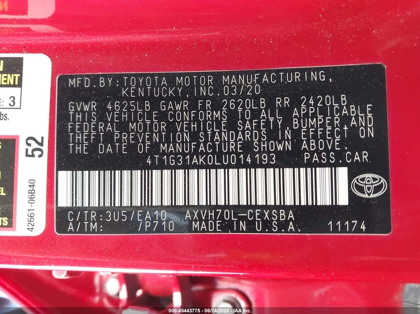 2020 Toyota Camry VIN 4T1G31AK0LU014193 IAAI salvage auction — REAR END, Salvage (California), sold $8,200 on 2026-07-12 (photo 9)