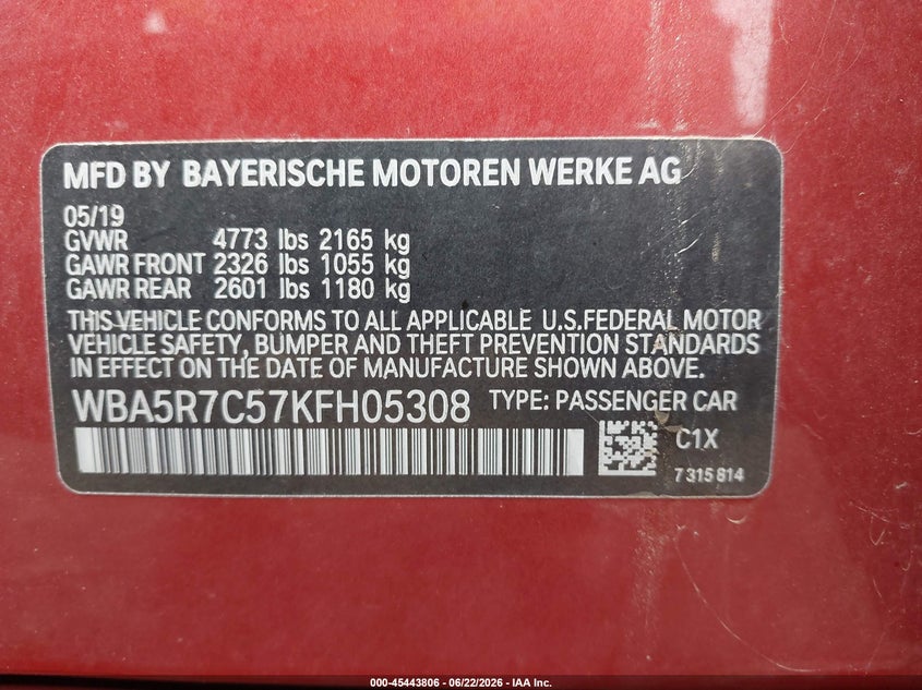 2019 BMW VIN WBA5R7C57KFH05308 IAAI salvage auction — HAIL, Salvage (Ohio), sold $14,625 on 2026-07-20 (photo 9)