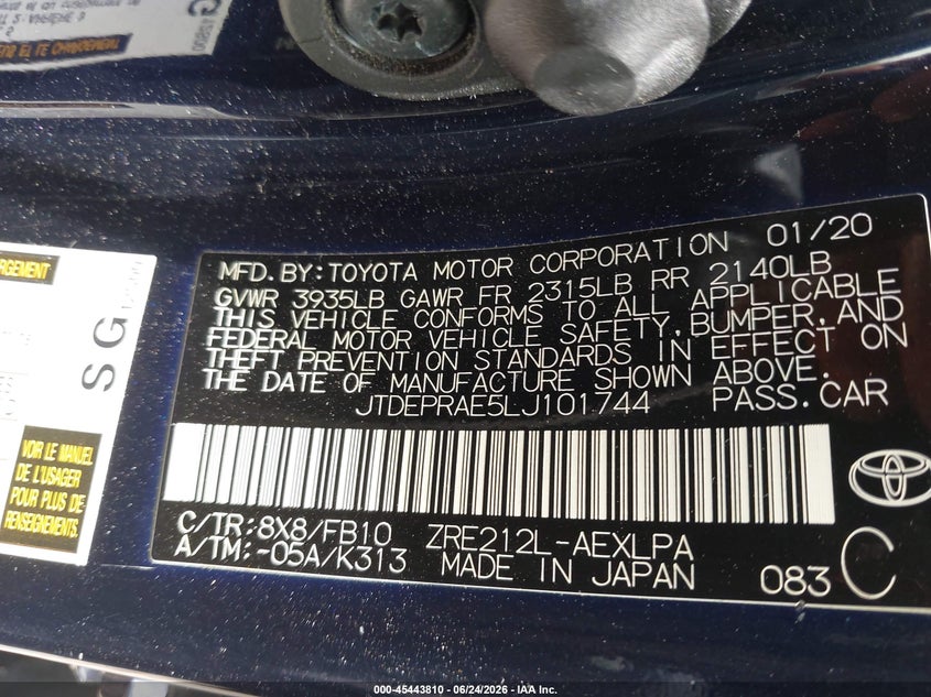 2020 Toyota Corolla VIN JTDEPRAE5LJ101744 IAAI salvage auction — FRONT END, Salvage (North Carolina), sold $3,800 on 2026-07-20 (photo 9)