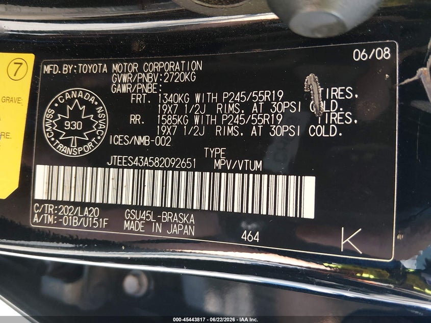 2008 Toyota Highlander VIN JTEES43A582092651 IAAI salvage auction — NORMAL WEAR, Clear (Washington), sold $700 on 2026-07-15 (photo 9)