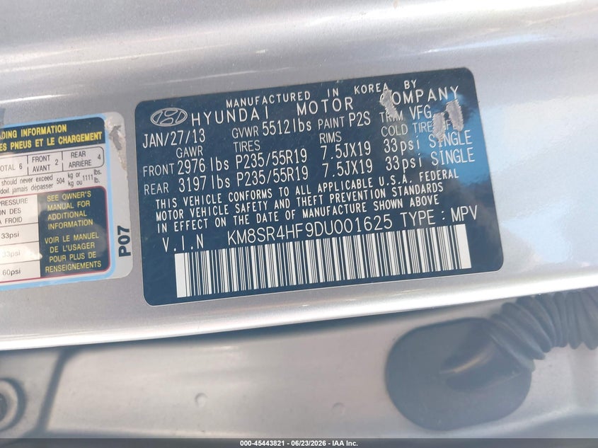 2013 Hyundai Santa fe VIN KM8SR4HF9DU001625 IAAI salvage auction — ELECTRICAL, Salvage (Georgia), sold $1,600 on 2026-07-16 (photo 9)