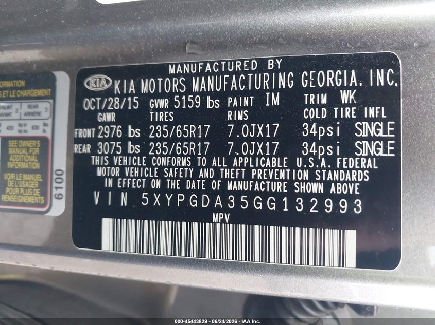 2016 Kia Sorento VIN 5XYPGDA35GG132993 IAAI salvage auction — REAR END, Salvage Title, sold $1,450 on 2026-08-01 (photo 9)