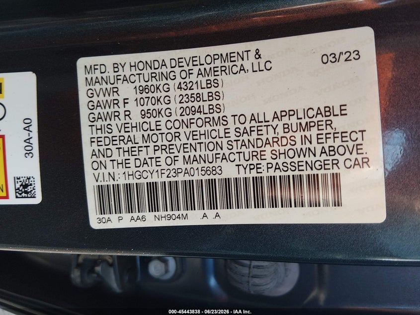 2023 Honda Accord VIN 1HGCY1F23PA015683 IAAI salvage auction — FRONT END, Salvage Title, sold $7,700 on 2026-07-30 (photo 9)