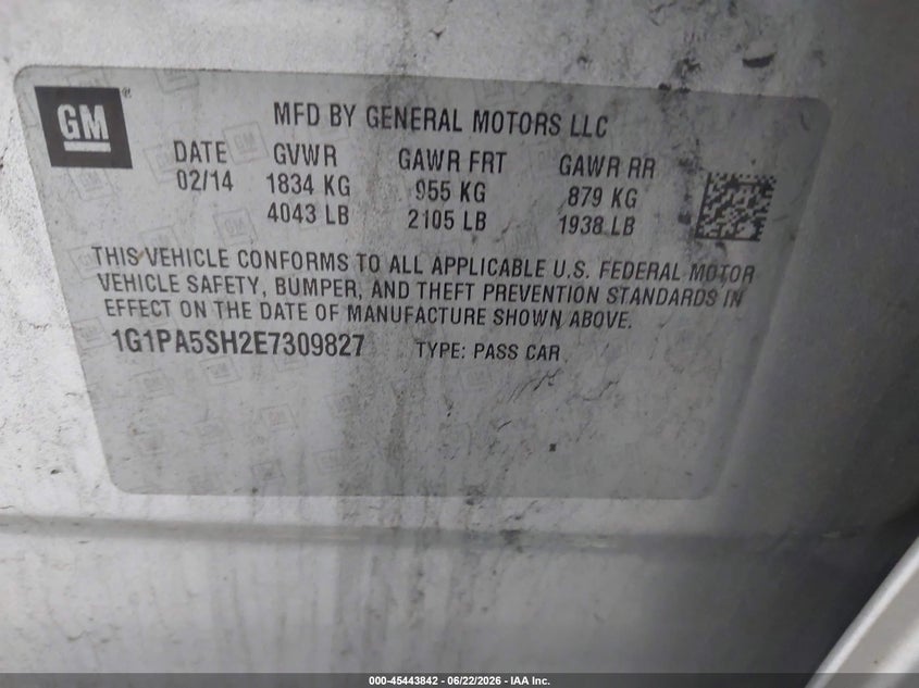2014 Chevrolet Cruze VIN 1G1PA5SH2E7309827 IAAI salvage auction — NORMAL WEAR, Salvage Title, sold $250 on 2026-07-23 (photo 9)