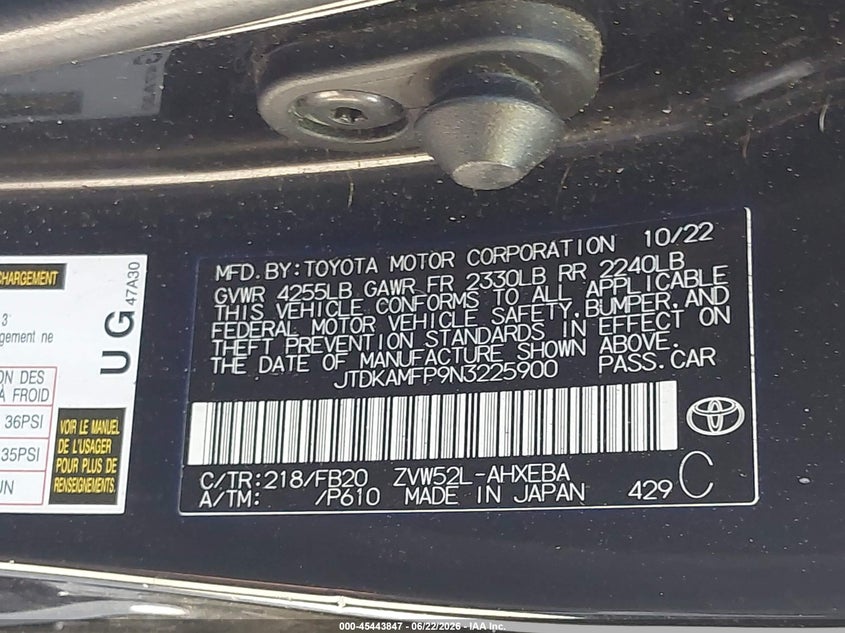 2022 Toyota VIN JTDKAMFP9N3225900 IAAI salvage auction — SIDE, Salvage Title, sold $5,800 on 2026-07-14 (photo 9)