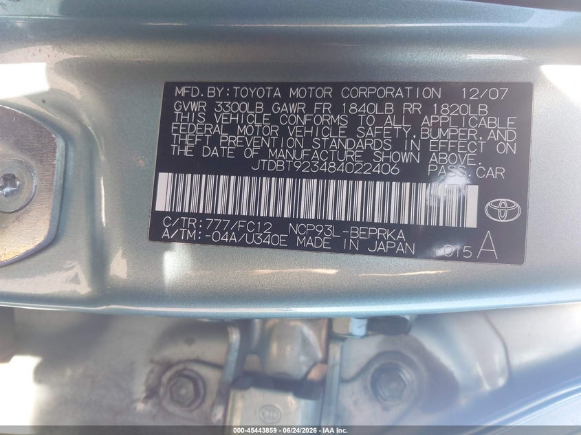 2008 Toyota Yaris VIN JTDBT923484022406 IAAI salvage auction — REAR END, Salvage (California), sold $475 on 2026-07-29 (photo 9)