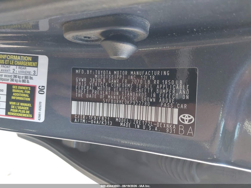 2019 Toyota Corolla VIN 5YFBURHE0KP922780 IAAI salvage auction — RIGHT SIDE, Salvage (California), sold $4,500 on 2026-07-15 (photo 9)